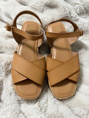 Zara Tan Crisscross Cork Look Platform Sandal Ankle Strap Square Toe Sz 39 8/8.5